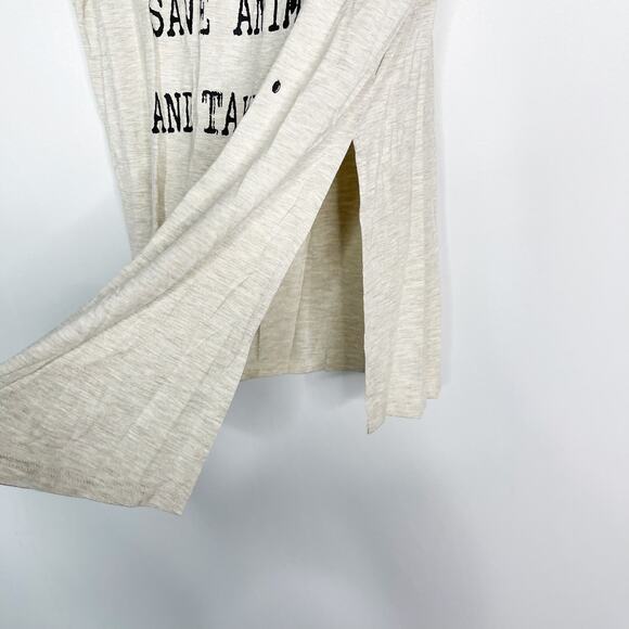 New BLVD Large Cream Heather Drink Wine Save Animals Tee Modal Stretch Side Slit - Picture 5 of 9